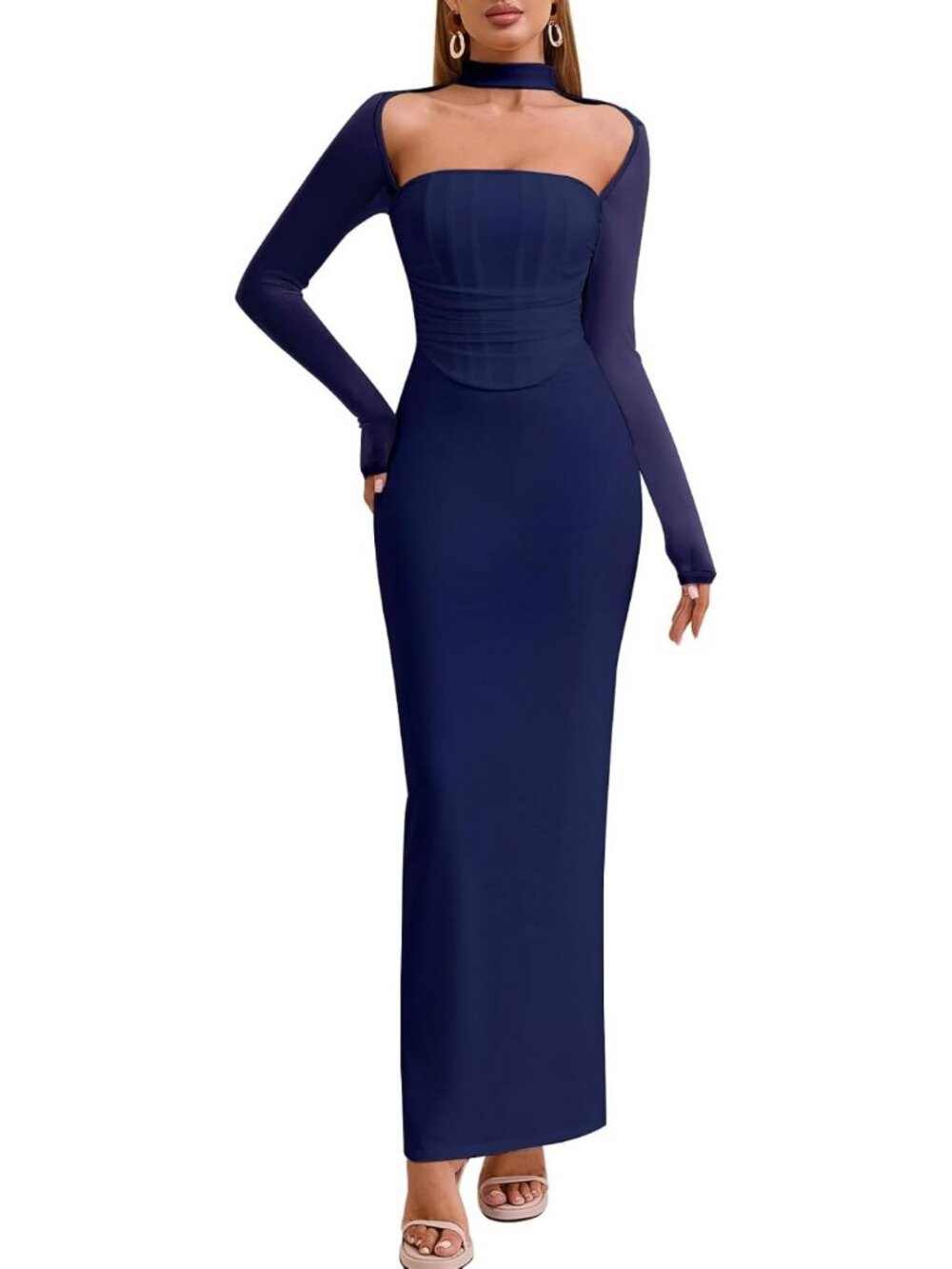 Elegant Fall Wedding Guest Maxi Dress - Long Sleeve Bodycon Gown for Women